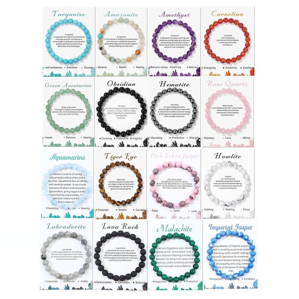 16PCS Natural Crystal Bracelets for Women Men - 8mm Semi-Precious
